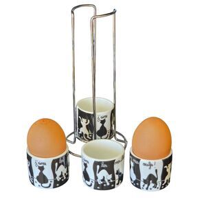 Set of 4 Kitty Cats Ceramic Egg Cups Stacked in Caddy Tower French